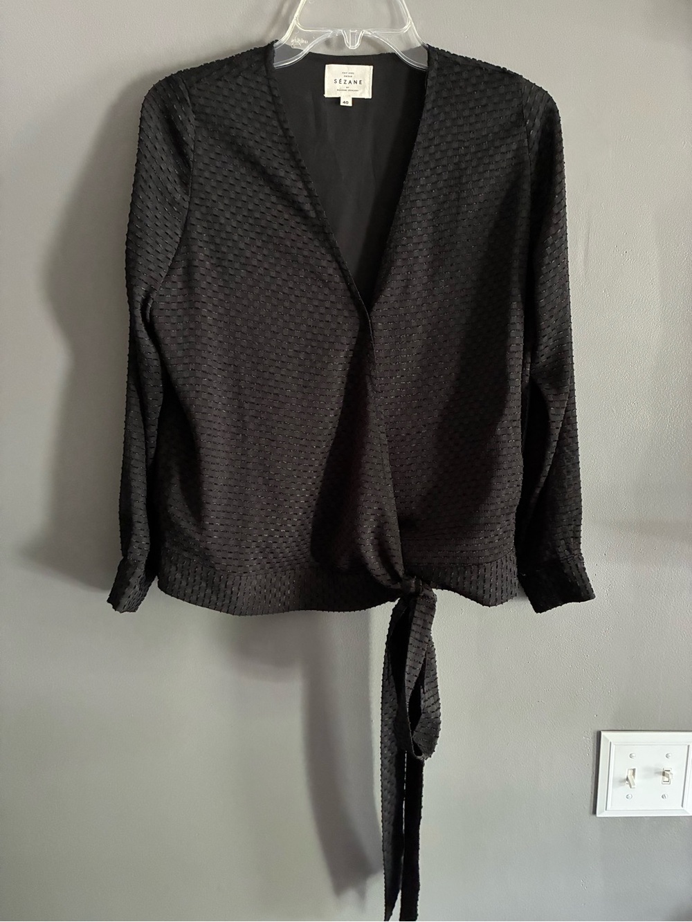 Sezane Black Textured Tie-Front Wrap Top